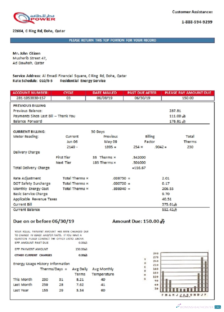 download Qatar Power Company electricity utility bill template in Word and PDF format PDF template